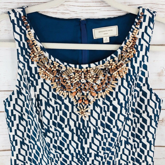 Anthropologie Moulinette Soeurs beaded neckline blue & white lined Dress Size 2 - Picture 4 of 11